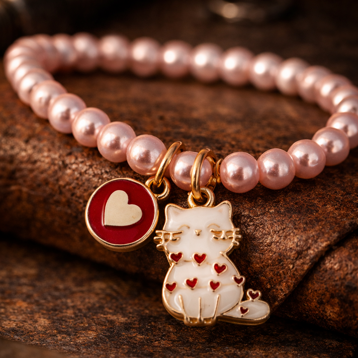 Heart Kitty Pearl Bracelet